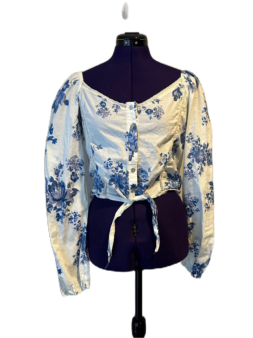 White Blue Floral Lace Long Sleeve Tie Top